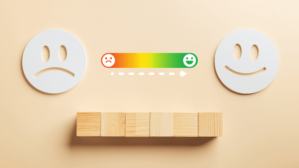 Cara triste que pasa a cara feliz midiendo la reputación de la empresa como alta (es una metáfora)