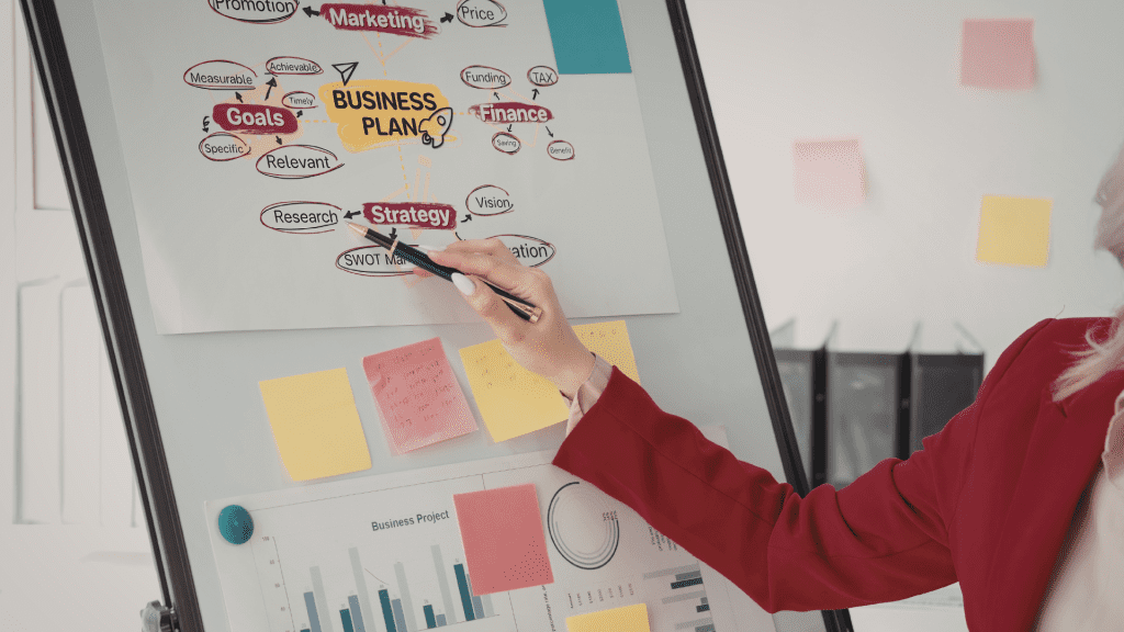 estructura empresarial interna. En la imagen encontramos una mujer señalando un esquema en una pizarra, simulando una reunión de organización de todos los sectores de la empresa.